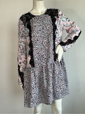 BCBG MaxAzria Dusty Rose Lace Trim Mini Dress Floral Victorian Dark Cottagecore